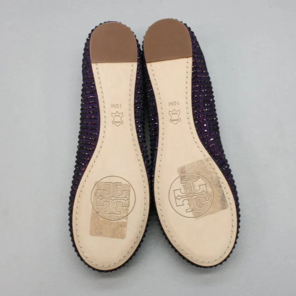 Tory Burch Ladies 10 Purple Suede Leather Crystals Strass Bow Ballet Shoes Flats - Picture 8 of 12